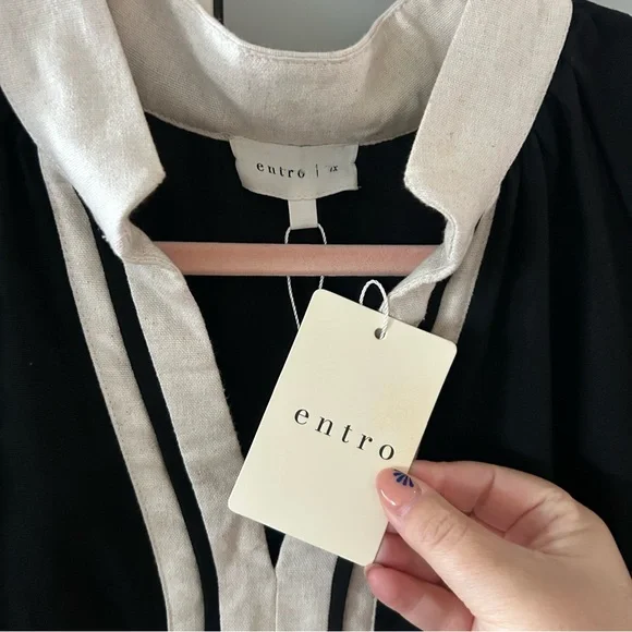 NWT Entro Linen Blend Puff Sleeve Border Dress - Picture 10 of 11